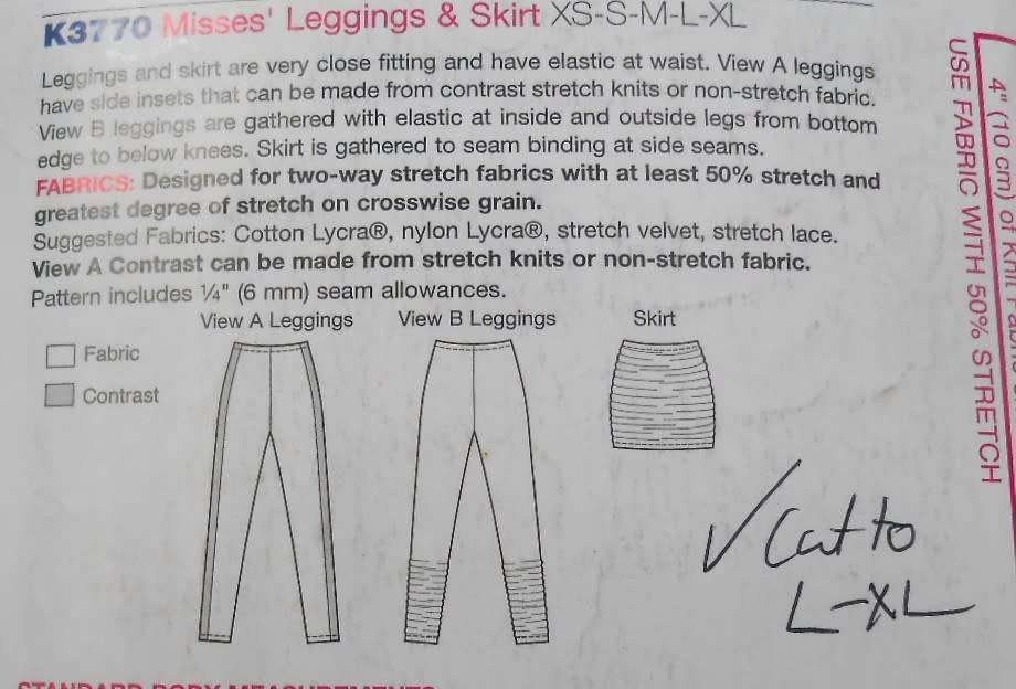 KWIK SEW PATTERNS K3770 LEGGINGS & SKIRT SIZE XS-XL (82-120) CUT TO L-XL (106-120)