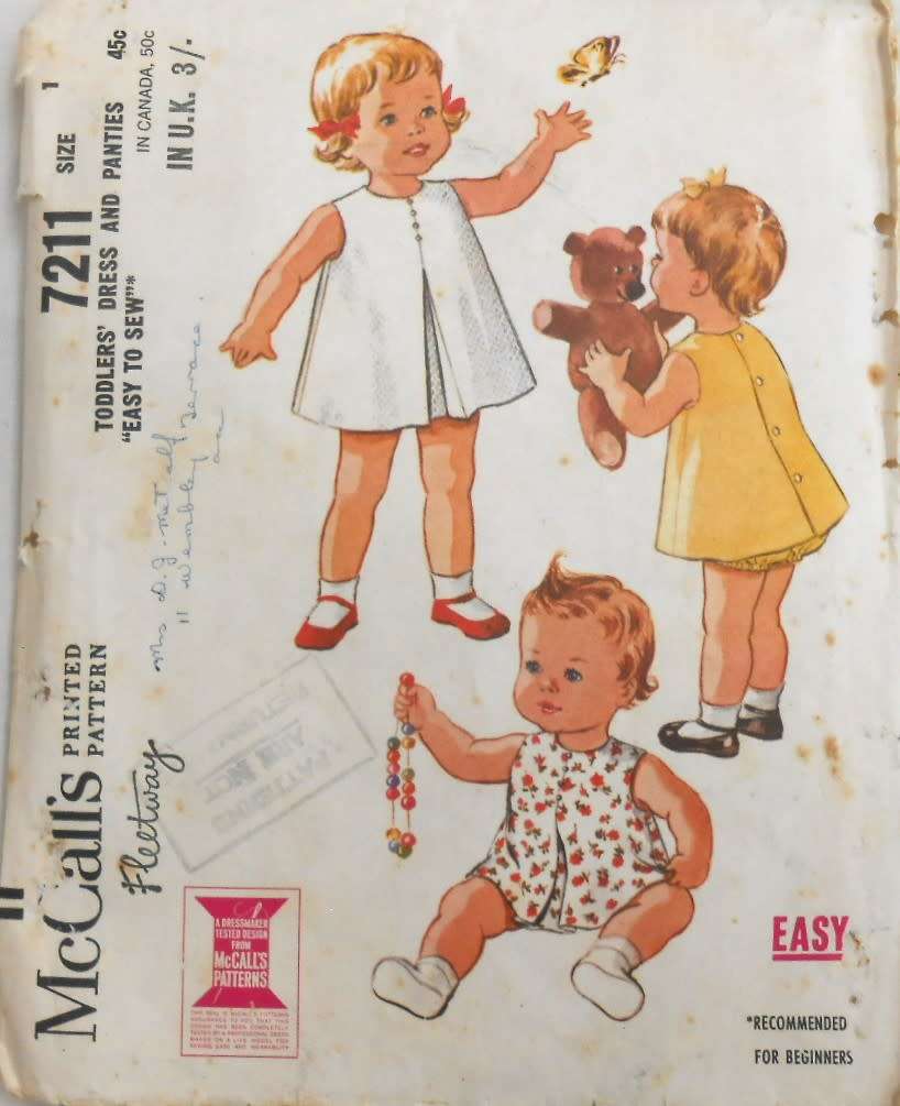 VINTAGE McCALLS 7211 TODDLERS DRESS & PANTIES SIZE 1 YEARS COMPLETE-ZIPLOC
