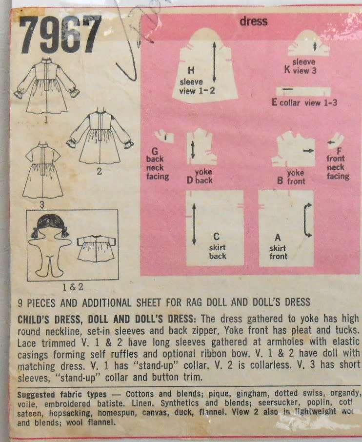 VINTAGE SIMPLICITY 7967 TODDLER DRESS & DOLLS DRESS SIZE 1 YEAR BREAST 20 COMPLETE-ZIPLOC