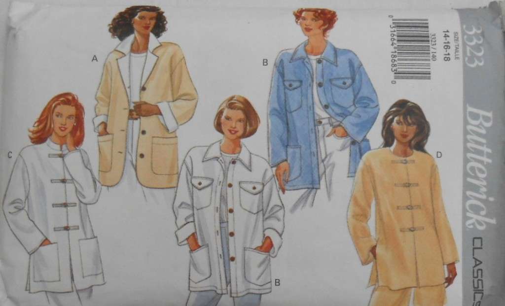 BUTTERICK 3323-SET OF CASUAL JACKETS SIZE 14-16-18 CUT TO SIZE 18