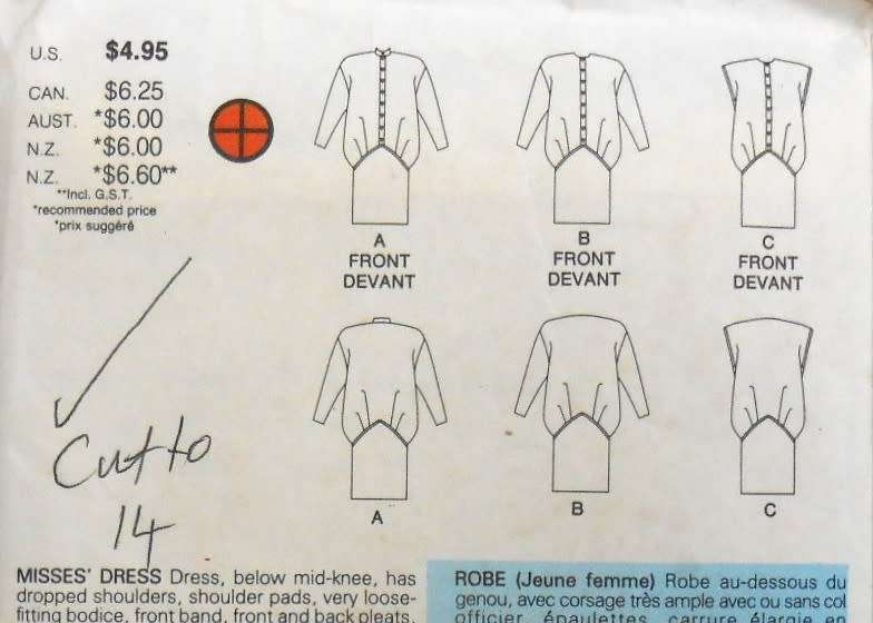 BUTTERICK 3941 DOLMAN SLEEVE DRESS SIZE 14-16-18 - COMPLETE CUT TO SIZE 14