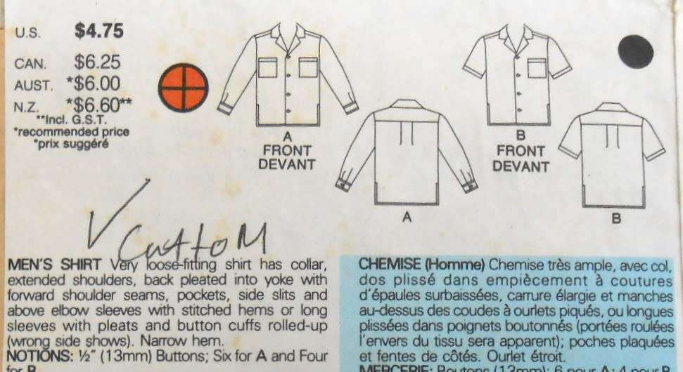 BUTTERICK 4315 MENS SHIRT SIZE XS-S-M (30-40)  COMPLETE -CUT TO SIZE M (38-40) ZIPLOC