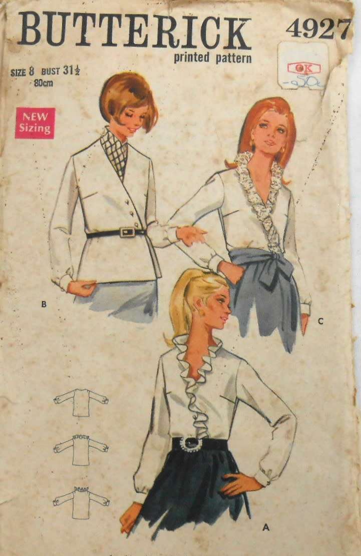 VINTAGE BUTTERICK 4927 BLOUSE IN 3 VERSIONS SIZE 8 BUST 31 1/2 COMPLETE-ZIPLOC