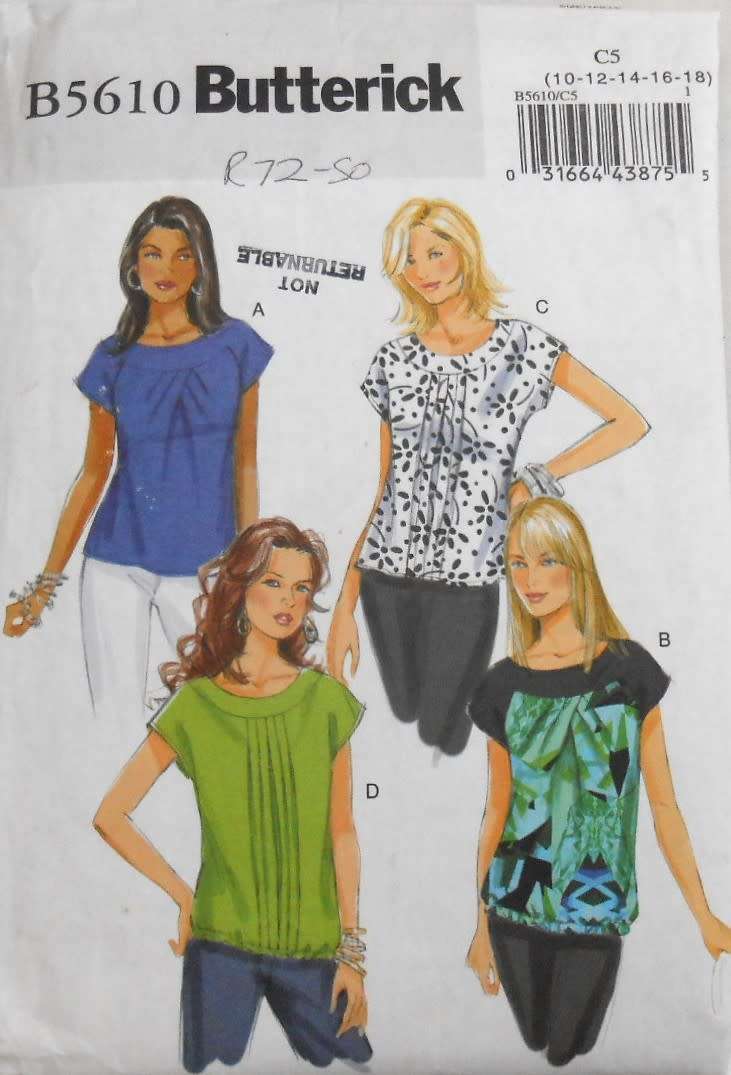 BUTTERICK B5610 VERY LOOSE FITTING TOPS SIZE 10-18  COMPLETE-TOPS A & B CUT TO 12-TOPS C & D  TO 18