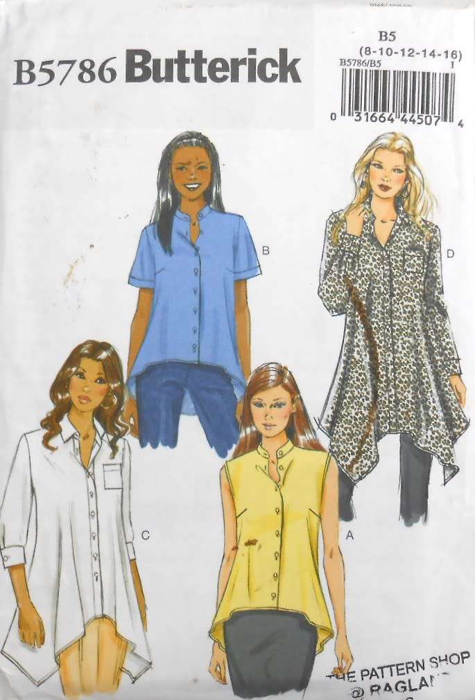 BUTTERICK B5786 LOOSE FITTING SHIRTS SIZE 8-10-12-14-16 COMPLETE-PART CUT TO 16