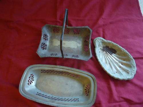 THREE ASSORTED SILVER PLATED SERVING DISHES IN NEED OF A POLISH OR RE-PLATE!