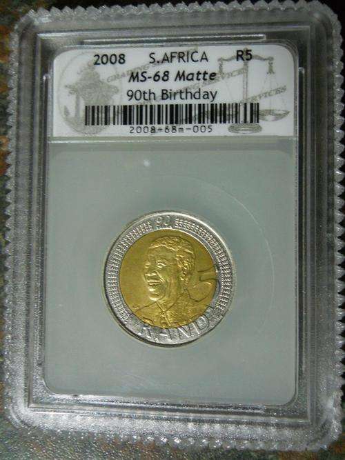 RARE GRADE  MS68 MATTE - GRADED by SACGS - MANDELA 90th BIRTHDAY 2008 R5 COIN