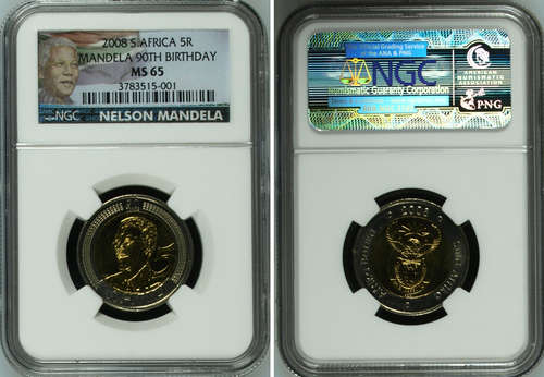 NEW NGC COLOR LABEL - 2 X MS65 - NEW LOOK - BID PER COIN  - MANDELA 90th 2008 R5 COINS