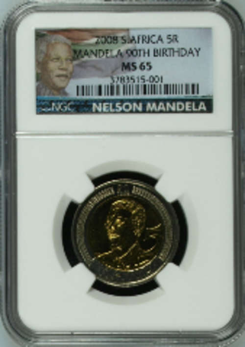 NEW NGC COLOR LABEL - 20 x MS65 - NEW LOOK  - MANDELA 90th 2008 R5 COINS - BID PER COIN