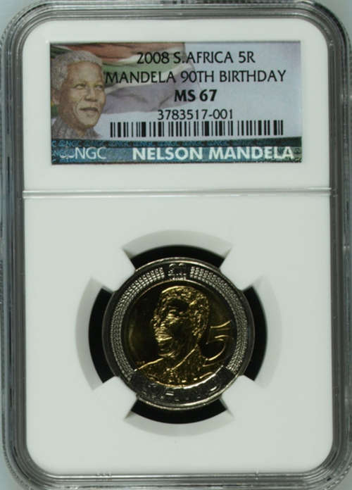 LIMITED EDITION  NGC COLOR LABEL - MS67 - NEW LOOK - MANDELA 90th 2008 R5 COIN