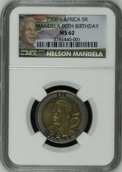YES NEW LABEL !!!! Grade NGC - 2 X MS62 - MANDELA BIRTH DAY 2008 R5 COINS - BID PER COIN