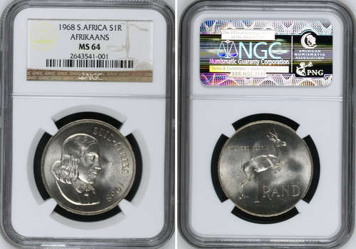SILVER R1 COIN - NGC MS64 - 1968 AFRIKAANS - ONLY 12 GRADED MS64