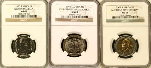 YES !!!! NGC GRADED - MS63 SET - 1994 / 2000 / 2008 MANDELA R5 COINS - ONE BID FOR ALL