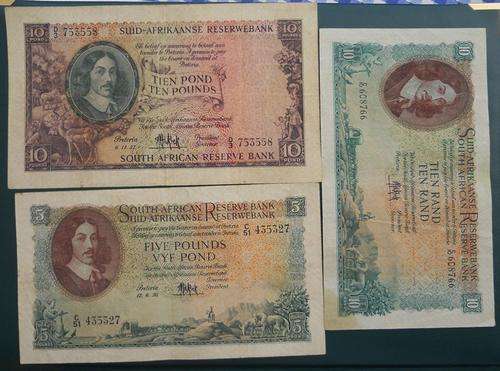 10 POUND NOTE + 5 POUND NOTE + R10 NOTE  - MH De KOCK - ALL FOR ONE BID