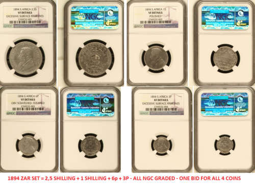 1894 ZAR SET - NGC GRADED  - TRUE IMAGES - 2,5 SHILLING + 1 SHILLING + 6p + 3p - all for one bid