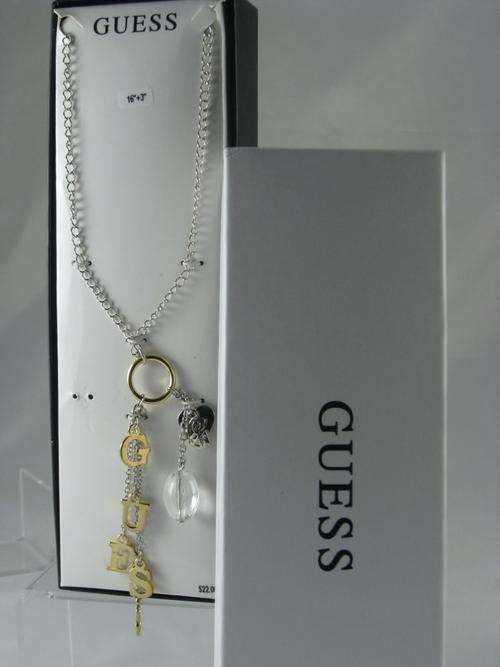 FREE SHIPPING  * GUESS NECKLACE TWO TONE HANGING GUESS LETTERS 144 NEW