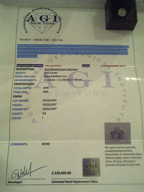 Reduce to Sale 6.22ct Brilliant Round Investment Diamond AGI NY Grading I SI1- Rap less 65+%