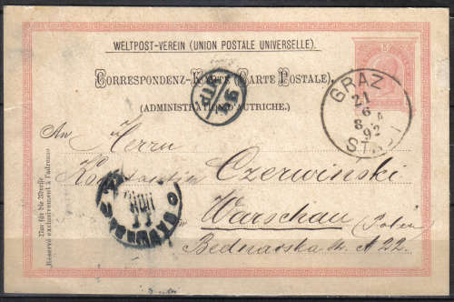 AUSTRIA 1892 POST CARD FROM GRAZ AUSTRIA TO WARSAW POLAND LOOK SCAN