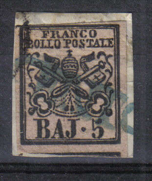 ITALY CLASSIC ROMAN STATES 1852 ISSUE Mi#6a 5 Baj SUPERB MARGINS & F.U. SIGNED C/VR????.00 LOOK SCAN