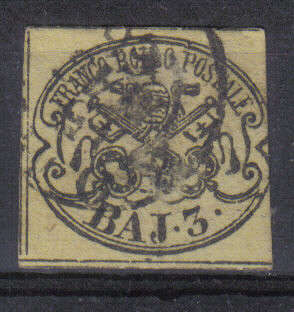 ITALY CLASSIC ROMAN STATES 1852 ISSUE Mi#4g 3Baj SUPERB MARGINS & F.U. C/VR8,470.00 LOOK SCAN