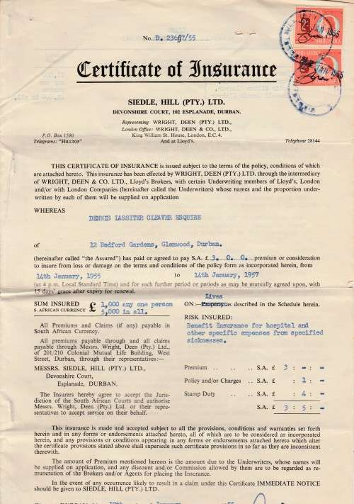 SOUTH AFRICA DOCUMENT INSURANCE 1955 WITH SCARCE REVENUES FRANKED LOOK SCANS X3