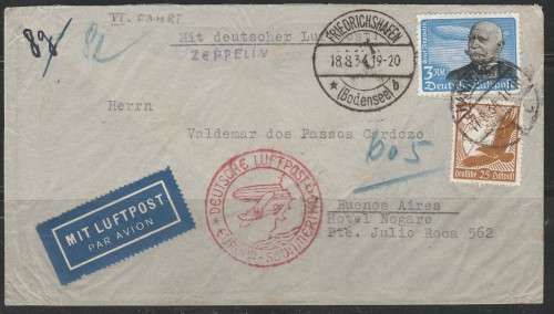 GERMAN CLASSIC ZEPPELIN FLIGHT COVER FRANKED Mi#533 & 539 CACHET IN RED "EUROPE/SUIDAMERIKA" WOW!!