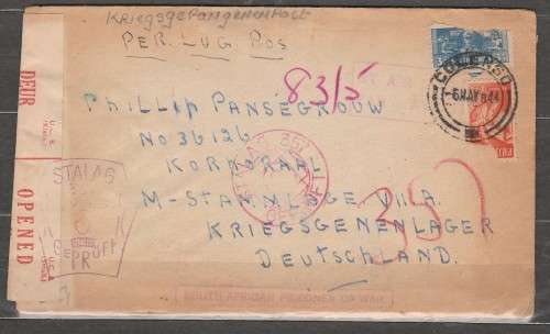 SOUTH AFRICA TO GERMANY PRISONER OF WWII LETTER CACHETS OF CENSOR FULL LETTER.
