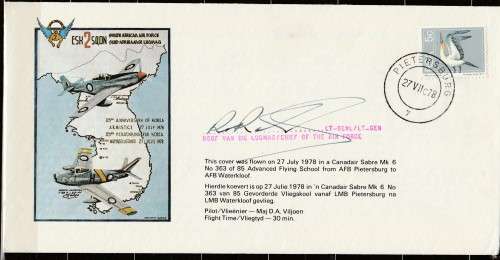 SOUTH AFRICA AIR FORCE FLIGHT COVER No1 25TH ANNIV OF KOREA ARMISTACE SIGNED LT-GENERAL AIR FORCE