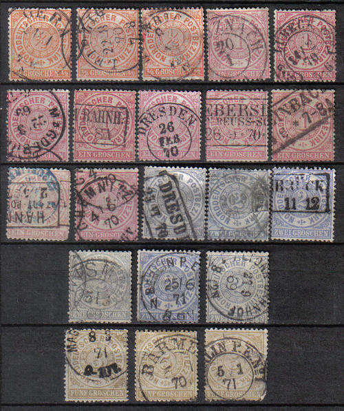 GERMANY CLASSIC STATES NORDDEUTSCHER BUND ISSUE 1869 SELECTION COLOURS ALL F.U. C/V R1,275.00