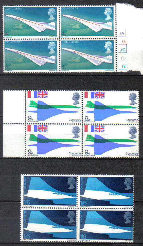 GREAT BRITIAN 1969 FIRST FLIGHT CONCORDE  FULL SET IN BLOCKS OF 4  WOW!!!!