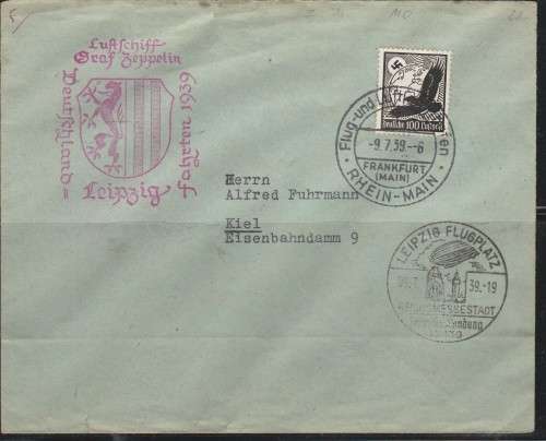 GERMANY ZEPPELIN 1939 COVER LOVELY CACHETS APPLIED FRANKED WITH Mi#537x LOOK SCAN