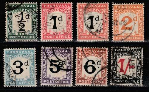TRANSVAAL 1907 ISSUE SACC#1/7 FULL SET F.U. AND VARIETY 1d COLOUR C/V R860.00++++ LOOK SCAN.