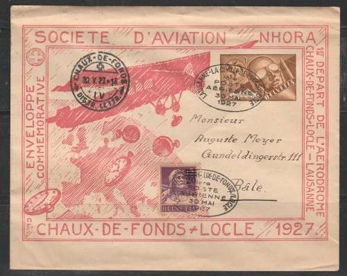 SWITZLAND 1927 ISSUE PRIVATE AIRMAIL "NHORA" RED  La CHAUX de FONDS/LOCAL UPRATED LOOK SCAN