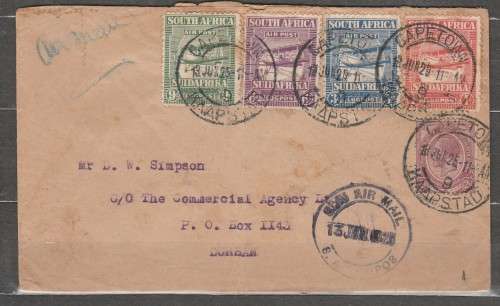 SOUTH AFRICA 1925 COVER WITH SACC# FULL SET AIRS PLUS 2d FRANKED LOOK SCAN