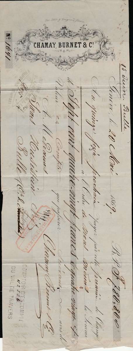 SWITZERLAND 1869 CHEQUE USED WITH REVENUE FRANKED RARE LOOK SCAN X 3