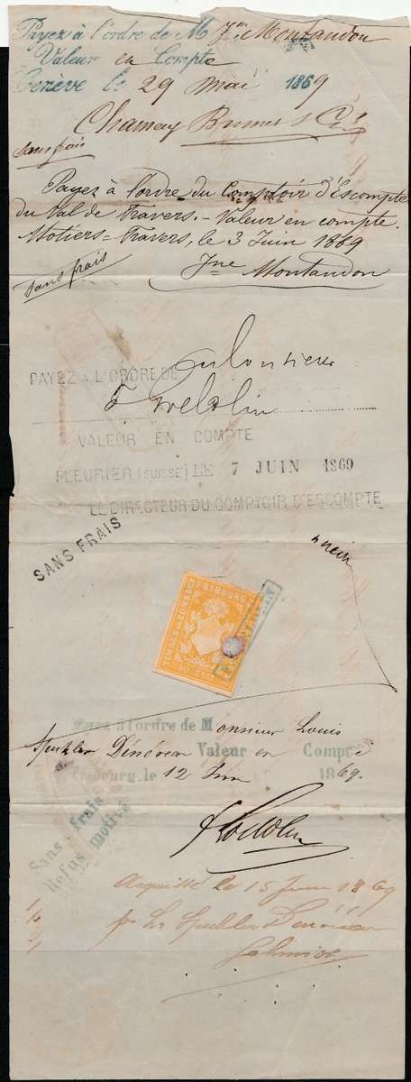 SWITZERLAND 1869 CHEQUE USED WITH REVENUE FRANKED RARE LOOK SCAN X 3