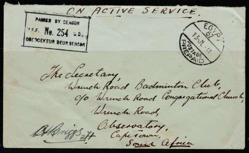 EGYPT CENSORED COVER TO SOUTH AFRICA NO STAMPS FRANKED LOOK SCAN