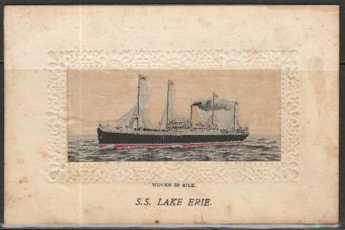 A SILK WOVEN POSTCARD EMBROIDERED IN SILK "S.S. LAKE EIRE" STEAMER SHIP LOOK SCAN X 2