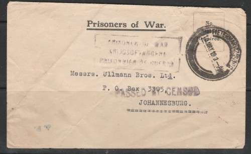 PRISONERS OF WAR COVER FROM FORT NAPIER PIETERMARITZBURB 1919 TO JOHANNESBURG WITH CACHETS APPLIED