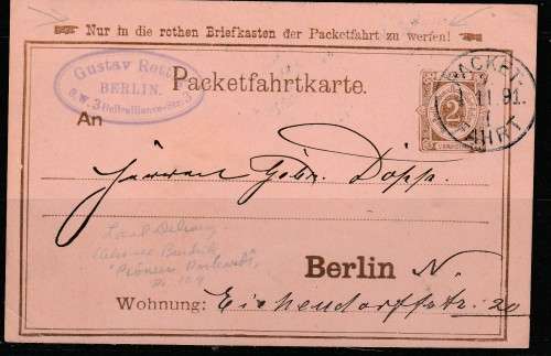GERMANY BERLIN LOCAL POST (PAKETFAHRT) 1891 SCARCE CARD LOOK SCAN X 2