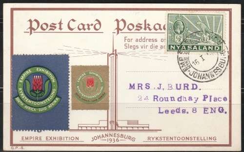A PICTURE POST CARD OF THE 1937 EMPIRE EXHIBITION SCARCE CARD FRANKED WITH A NYASALAND STAMP READ