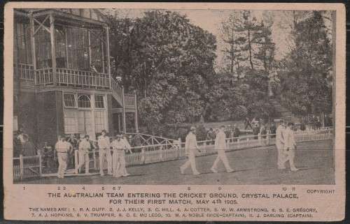 A PICTURE POST CARD SHOWING THE AUSTRALIAN TEAM ENTERING CRYSTAL PALACE GROUND READ  LOOK SCAN 2