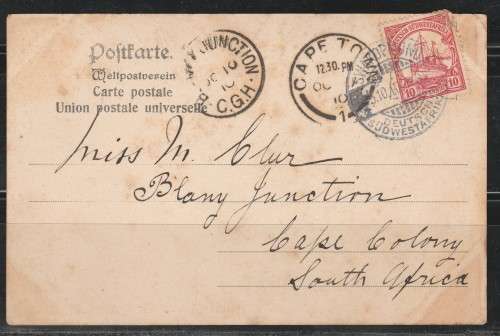 A PICTURE POST CARD KHAN STATION S.W.A. MAILED SWAKOPMUND TO BLANY JUNCTION ARRIVAL AND ENROUTE CAPE
