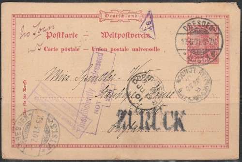 GERMAN POST CARD 1901 FROM DRESDEN TO GREAT BRITIAN INTRESTING CACHETS APPLIED READ BELOW SCAN X 2