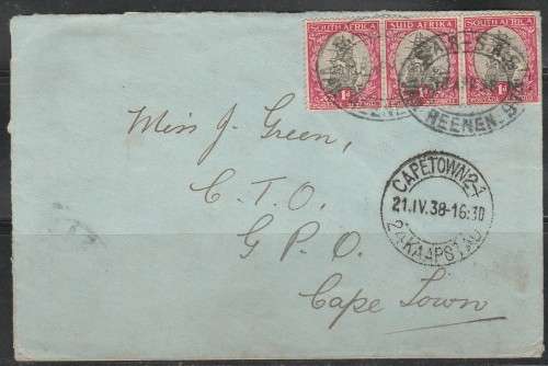 RAIL LETTER 1938 MAILED FROM VAN REENEN STATION TO CAPE TOWN FRANKED 3 X1d STAMPS CACHETS SCAN X 3