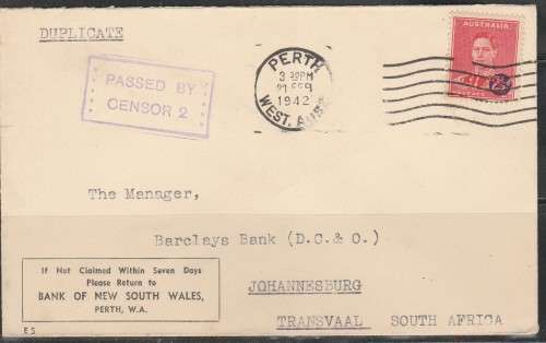 AUSTRALIA TO SOUTH AFRICA 1942 WWII WITH CENSOR CACHET APPLIED LOOK SCAN