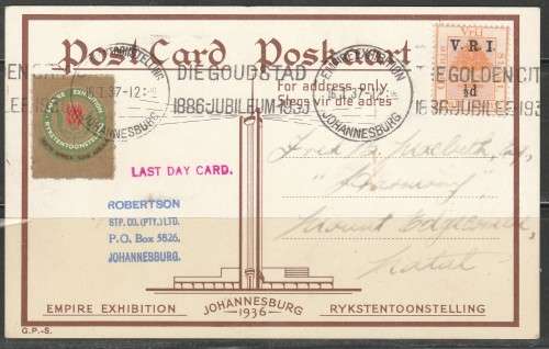 A MOST UNUSUAL POT CARD FROM THE 1936 EXHIBITION ``LAST DAY CARD`` CACHET IN RED FRANKED OFS 1/2d