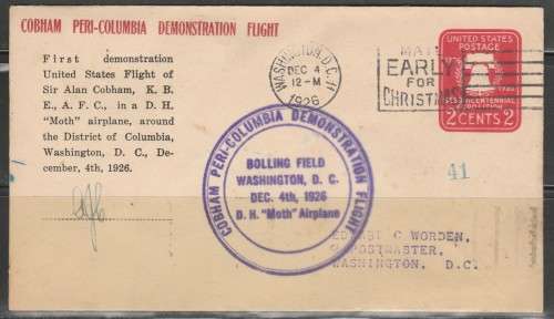 A COVER 1926 COBHAM PERI-COLUMBIA DEMONSTRATION FLIGHT IN MOTH AIRPLANE BY SIR ALAN COBHAM SCAN X 2