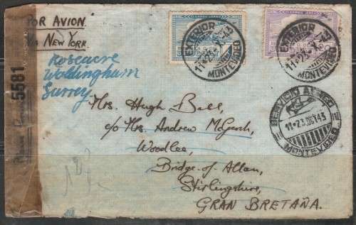 URUGUAY COVER 1943 CENSOR TAPE AIR MAIL TO BRITAIN AND REDIRECTED LOOK SCAN X 2