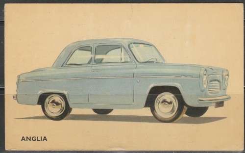 A COLOUR PICTURE POST CARD SHOWING A VEHICLE ANGLIA F.U. 1959 MODEL LOOK SCAN X 2